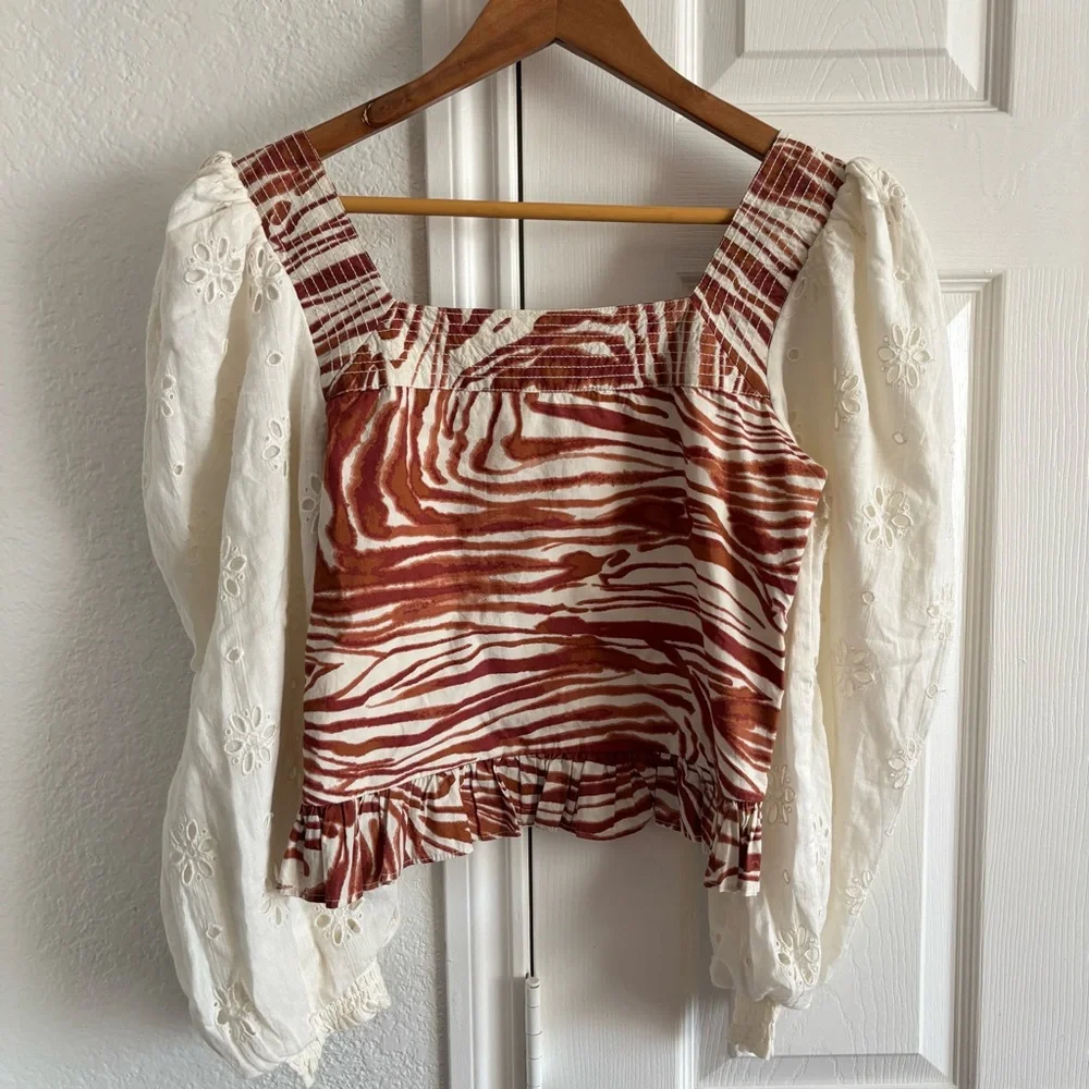 Anthropologie Love the Label Smocked Puff Sleeve Eyelet Blouse Size S‎